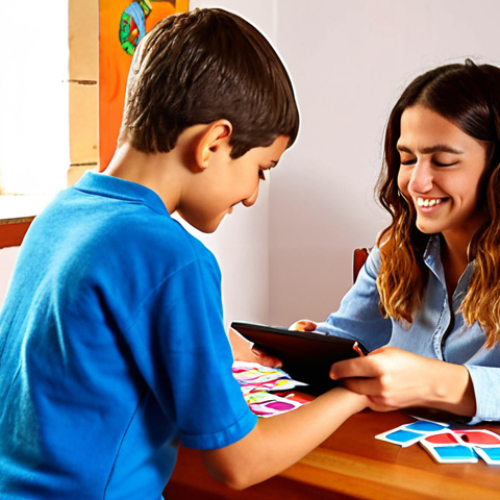 Home 11 **
A vibrant, personalized English tutoring session in a sunlit Spanish home. A friendly teacher is working with a young student, using engaging learning materials like colorful flashcards and a tablet displaying interactive exercises. The scene should evoke a sense of encouragement, cultural awareness, and the joy of learning. Incorporate Spanish elements in the background, such as a traditional "azulejo" tile or a "jamón ibérico" hanging in the kitchen.
**