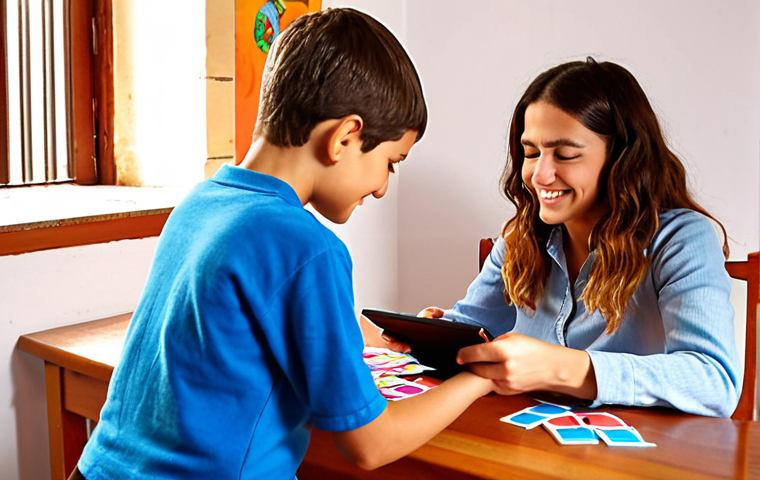 **

A vibrant, personalized English tutoring session in a sunlit Spanish home. A friendly teacher is working with a young student, using engaging learning materials like colorful flashcards and a tablet displaying interactive exercises. The scene should evoke a sense of encouragement, cultural awareness, and the joy of learning. Incorporate Spanish elements in the background, such as a traditional "azulejo" tile or a "jamón ibérico" hanging in the kitchen.

**