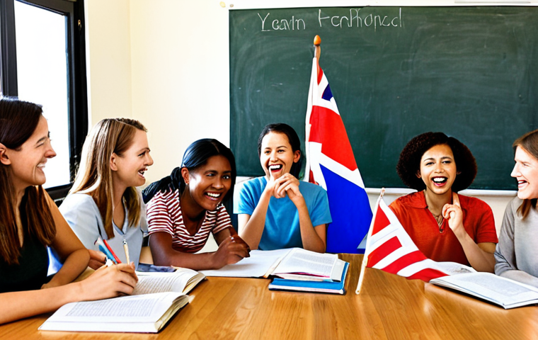 **

"A diverse group of people enthusiastically participating in an English class, some online, some in person. The atmosphere is lively and engaging, showing various teaching methods beyond traditional classroom settings.  Emphasis on the joy of learning and the personal connection between teacher and student. Consider a backdrop hinting at global connections (e.g., flags, landmarks in a subtle way)."

**