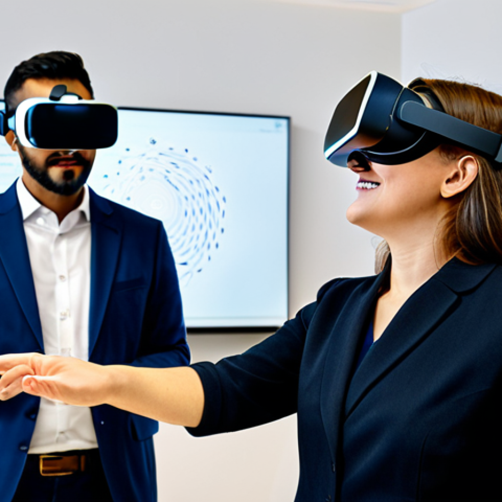 A diverse group of adult students, fully clothed in professional dress, engaged in a modern, brightly lit language learning center. One student wears a sleek VR headset, fully immersed in a vibrant virtual simulation of a bustling European market, showcasing perfect anatomy and a natural pose. Another student is focused on a tablet, interacting with an AI language tutor, displaying real-time pronunciation feedback on the screen. The scene emphasizes seamless technology integration and active learning, with well-formed hands and proper finger count. Natural body proportions. Safe for work, appropriate content, modest clothing, family-friendly. Professional photography, high quality.