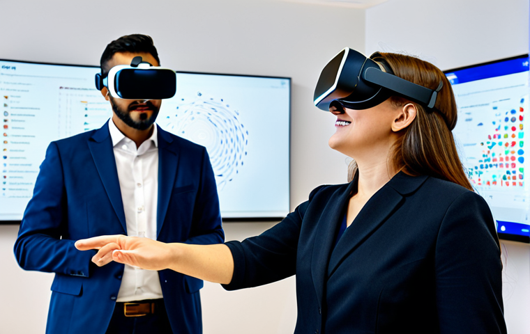 A diverse group of adult students, fully clothed in professional dress, engaged in a modern, brightly lit language learning center. One student wears a sleek VR headset, fully immersed in a vibrant virtual simulation of a bustling European market, showcasing perfect anatomy and a natural pose. Another student is focused on a tablet, interacting with an AI language tutor, displaying real-time pronunciation feedback on the screen. The scene emphasizes seamless technology integration and active learning, with well-formed hands and proper finger count. Natural body proportions. Safe for work, appropriate content, modest clothing, family-friendly. Professional photography, high quality.