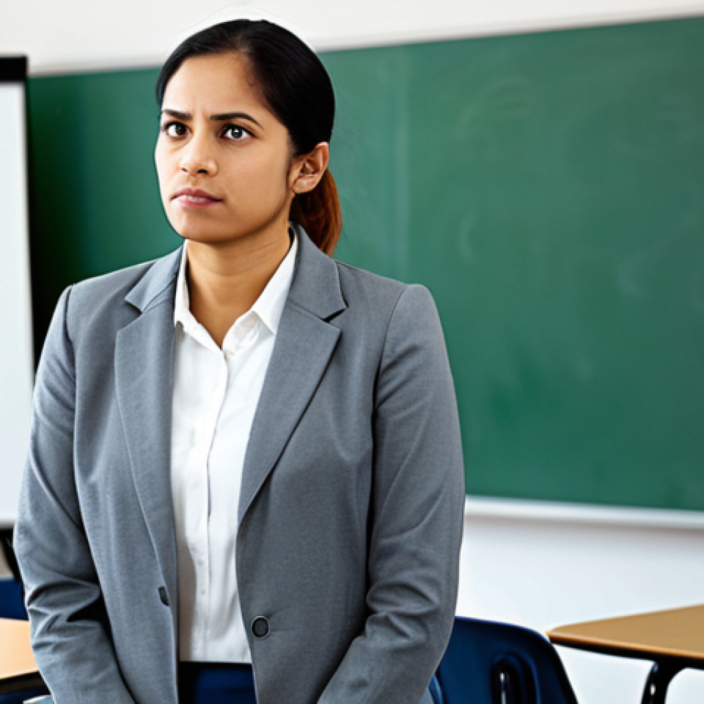 A professional TESOL instructor, fully clothed in modest business attire, stands in a modern, well-lit classroom. The instructor's expression conveys quiet contemplation and the subtle weariness of managing a diverse group of students with varying engagement levels. The scene hints at the daily challenges of classroom heterogeneity and the emotional demands of teaching, with elements like a whiteboard displaying a mix of lesson plans or varied student work. The atmosphere is professional, emphasizing dedication and resilience. perfect anatomy, correct proportions, natural pose, well-formed hands, proper finger count, natural body proportions, appropriate attire, safe for work, appropriate content, family-friendly.