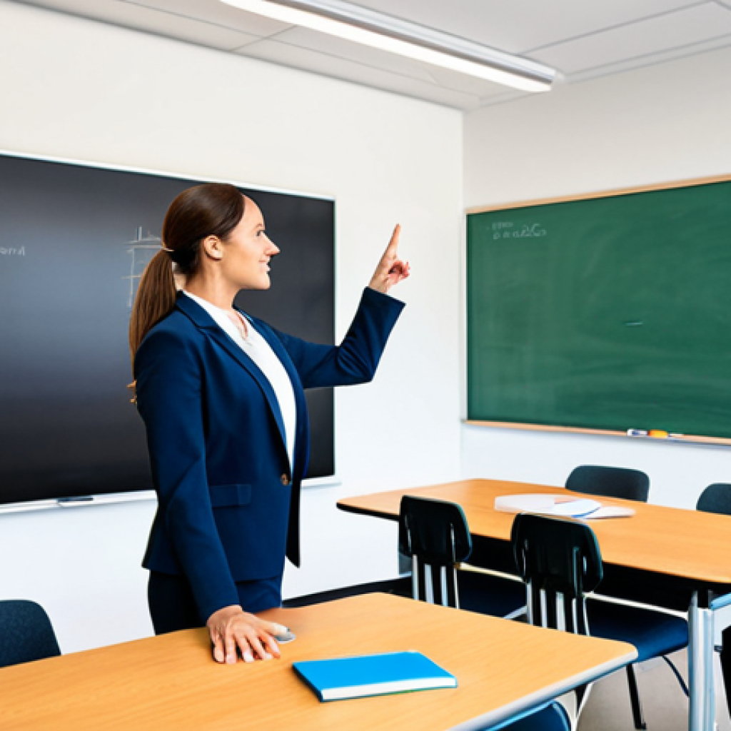 A professional female teacher, mid-career, with a confident and approachable expression, stands in a brightly lit, modern classroom. She is gesturing towards a large interactive digital screen displaying engaging educational content, while also maintaining eye contact with unseen students. She wears a modest and professional business blazer and blouse, fully clothed, appropriate attire. The classroom features flexible seating arrangements and subtle technological integration, reflecting a dynamic learning environment. The scene emphasizes interaction and modern pedagogical methods. safe for work, appropriate content, family-friendly, perfect anatomy, correct proportions, natural pose, well-formed hands, proper finger count, natural body proportions, professional photography, high quality.