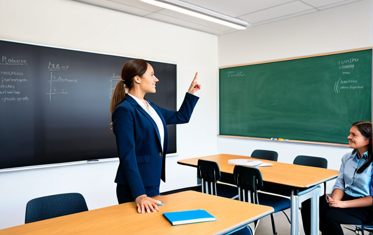 A professional female teacher, mid-career, with a confident and approachable expression, stands in a brightly lit, modern classroom. She is gesturing towards a large interactive digital screen displaying engaging educational content, while also maintaining eye contact with unseen students. She wears a modest and professional business blazer and blouse, fully clothed, appropriate attire. The classroom features flexible seating arrangements and subtle technological integration, reflecting a dynamic learning environment. The scene emphasizes interaction and modern pedagogical methods. safe for work, appropriate content, family-friendly, perfect anatomy, correct proportions, natural pose, well-formed hands, proper finger count, natural body proportions, professional photography, high quality.