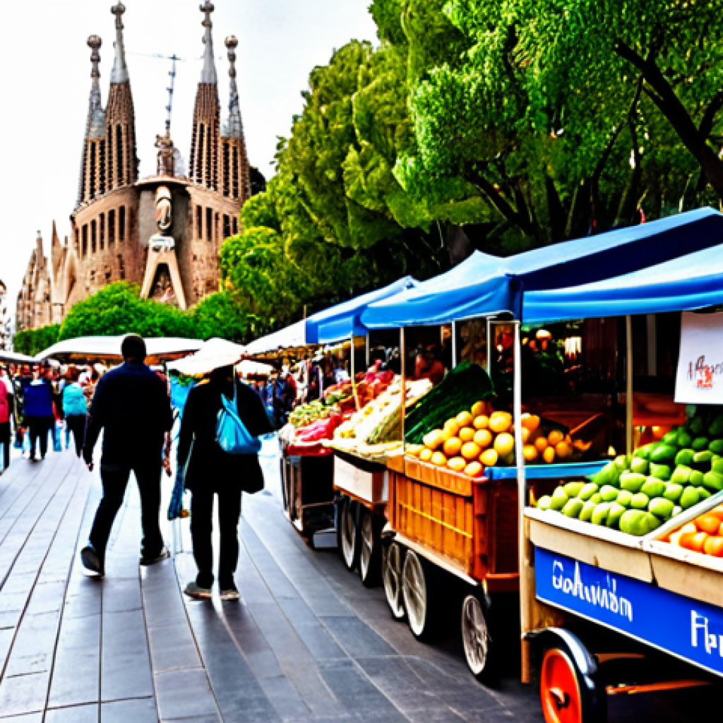 **

"A vibrant street market scene in Barcelona, Spain. Focus on a vendor selling colorful fruits and vegetables from a wooden cart. People are browsing and buying, with the Sagrada Familia church faintly visible in the background. The atmosphere is lively and sunny, with a focus on the freshness of the produce and the energy of the city. appropriate content, safe for work, fully clothed, professional photography, natural proportions, perfect anatomy"

**