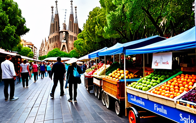 **

"A vibrant street market scene in Barcelona, Spain. Focus on a vendor selling colorful fruits and vegetables from a wooden cart. People are browsing and buying, with the Sagrada Familia church faintly visible in the background. The atmosphere is lively and sunny, with a focus on the freshness of the produce and the energy of the city. appropriate content, safe for work, fully clothed, professional photography, natural proportions, perfect anatomy"

**