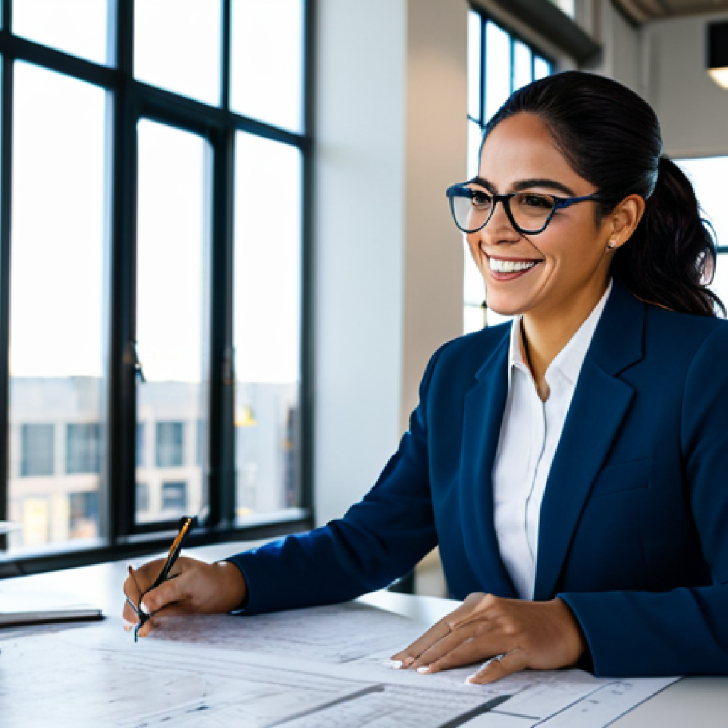 **

A professional Latina architect in a bright, modern office space. She is wearing a well-fitted, modest business suit and glasses, reviewing blueprints with a smile. Sunlight streams through the large windows, illuminating the architectural models on her desk. Fully clothed, appropriate attire, safe for work, perfect anatomy, natural proportions, professional setting, high quality.

**