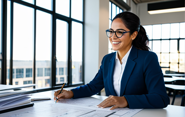 **

A professional Latina architect in a bright, modern office space. She is wearing a well-fitted, modest business suit and glasses, reviewing blueprints with a smile. Sunlight streams through the large windows, illuminating the architectural models on her desk. Fully clothed, appropriate attire, safe for work, perfect anatomy, natural proportions, professional setting, high quality.

**