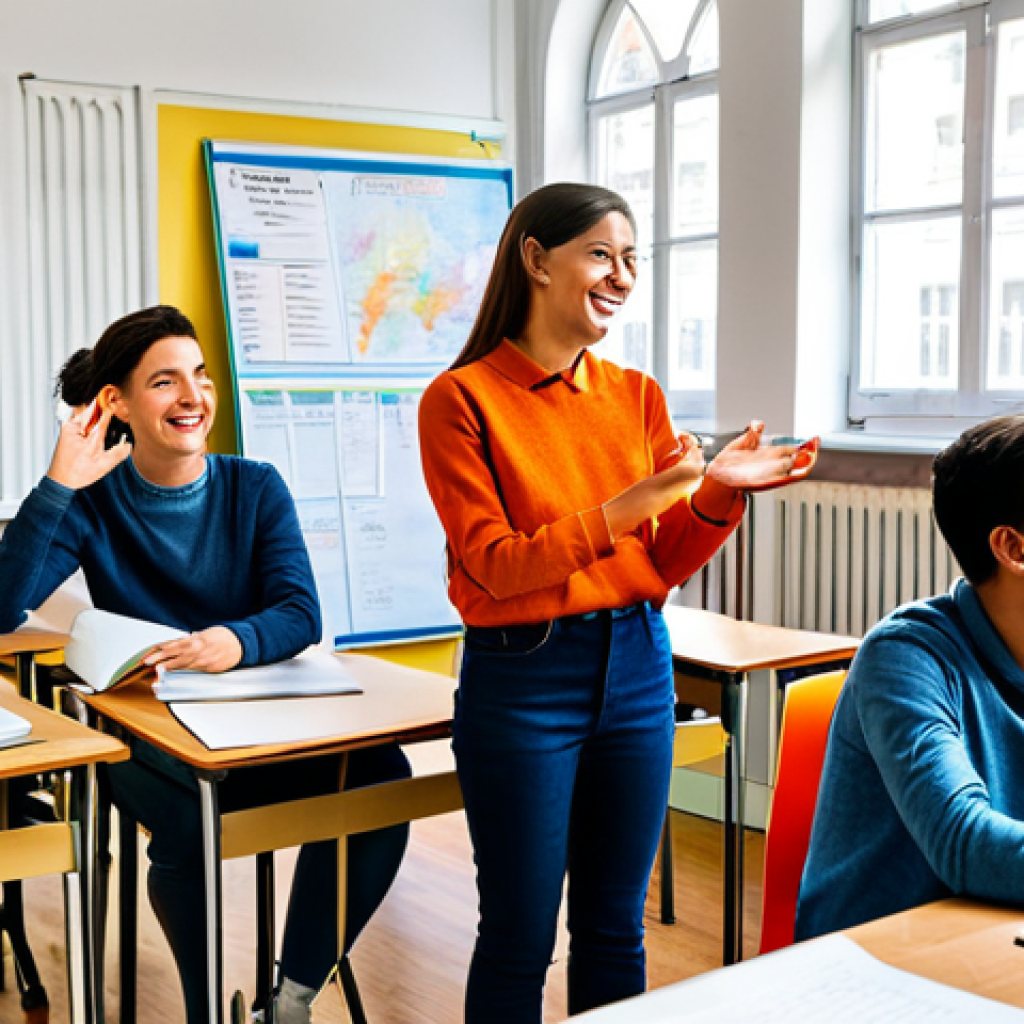 **

"A vibrant, modern language school classroom in Barcelona. Students of diverse backgrounds are engaged in a lively English lesson, fully clothed in casual, stylish attire. The teacher, a friendly and approachable woman, gestures enthusiastically. Sunlight streams through large windows. Background includes colorful posters of London and New York. High resolution, realistic, professional photograph, safe for work, appropriate content, modest, family-friendly, perfect anatomy, correct proportions, natural pose, well-formed hands, proper finger count, natural body proportions."

**