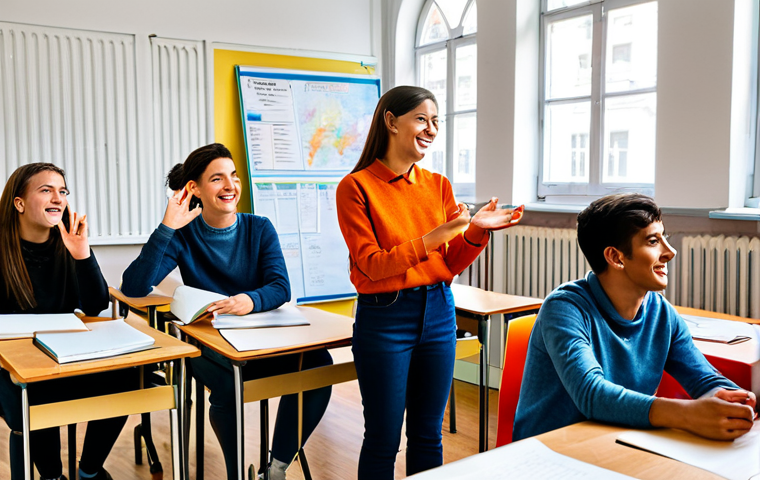 **
"A vibrant, modern language school classroom in Barcelona. Students of diverse backgrounds are engaged in a lively English lesson, fully clothed in casual, stylish attire. The teacher, a friendly and approachable woman, gestures enthusiastically. Sunlight streams through large windows. Background includes colorful posters of London and New York. High resolution, realistic, professional photograph, safe for work, appropriate content, modest, family-friendly, perfect anatomy, correct proportions, natural pose, well-formed hands, proper finger count, natural body proportions."
**