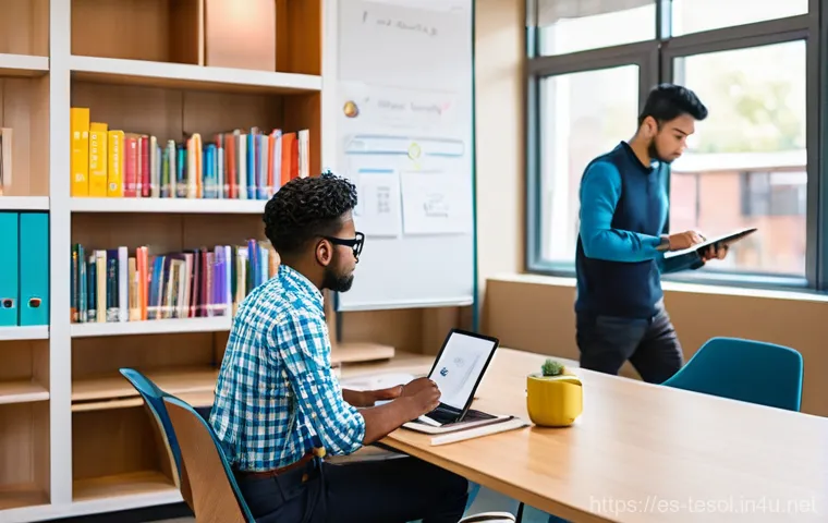 TESOL 자격증 취득에 필요한 시간 - **Prompt:** A focused young adult, dressed in smart casual attire, sits at a modern desk with a lapt...