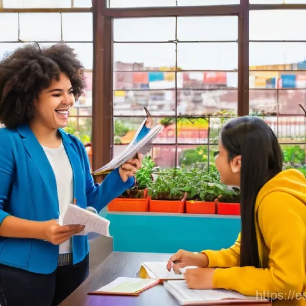 TESOL 교재 선정 기준 - **Prompt:** A vibrant and inclusive classroom in a modern Latin American city. A diverse group of te...