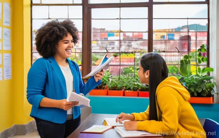 TESOL 교재 선정 기준 - **Prompt:** A vibrant and inclusive classroom in a modern Latin American city. A diverse group of te...