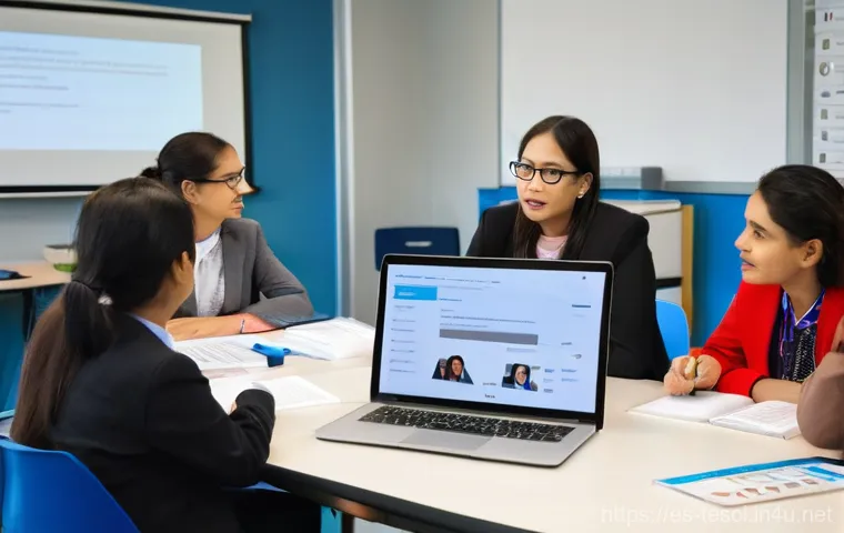 TESOL 교재 선정 기준 - **Prompt:** A dynamic English language learning center in a contemporary, brightly lit space, showca...