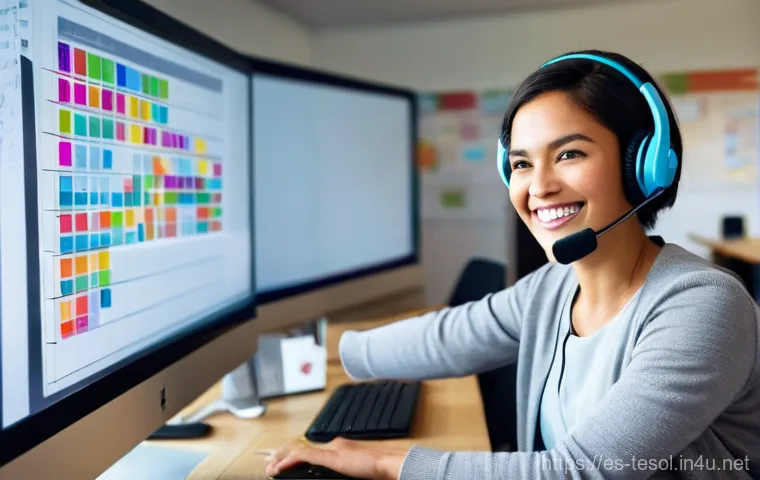 TESOL 자격증과 관련된 트렌드 - **Prompt:** A vibrant and dynamic online English classroom scene. A professional female English teac...