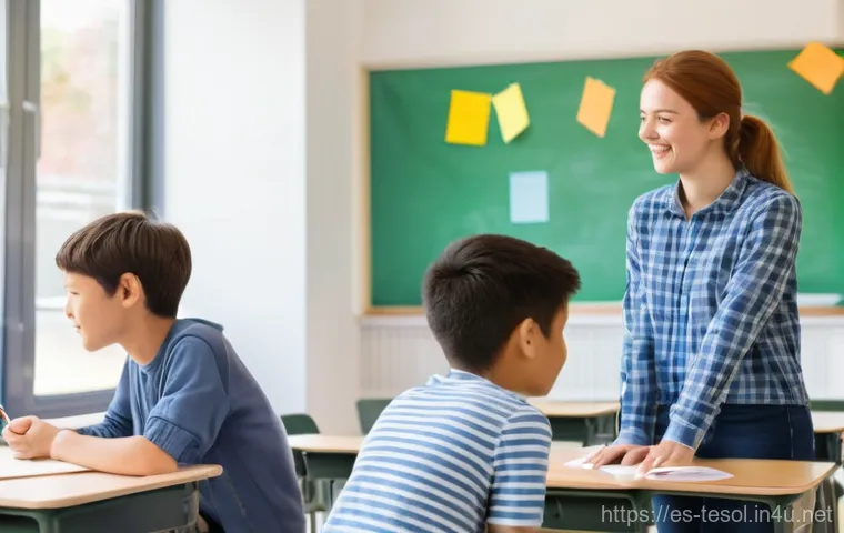 TESOL 강사가 겪는 일반적인 도전 과제 - A brightly lit, modern classroom bustling with diverse students, ranging from teenagers to middle-ag...