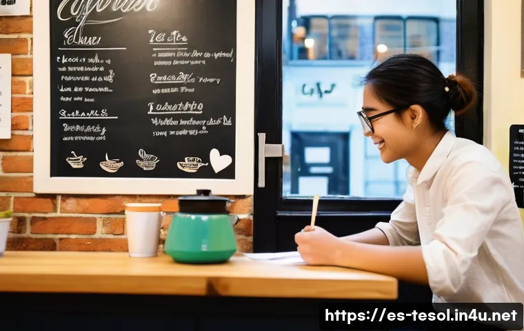 TESOL 강사가 자주 사용하는 기법 - **Prompt 1: Immersive English Cafe Role-Play**
"A vibrant, brightly lit classroom transformed in...