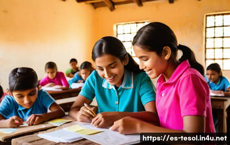 TESOL 실무 경험 쌓는 방법 - A diverse group of enthusiastic young adult volunteers teaching English to children in a rural Latin...