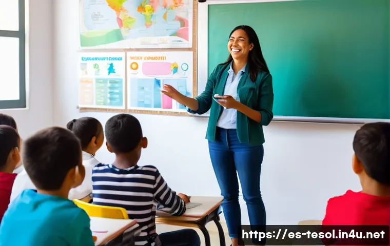 TESOL 강사로서의 자기계발 - A modern classroom scene in a Latin American school where a TESOL instructor uses digital tools such...