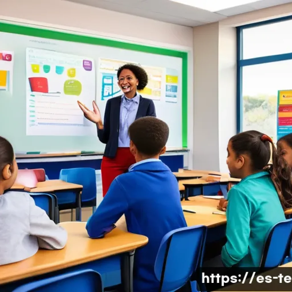 TESOL 강사가 추천하는 유용한 팁 - A vibrant classroom scene in a modern Spanish-speaking school, featuring diverse teenage students en...