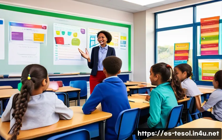 TESOL 강사가 추천하는 유용한 팁 - A vibrant classroom scene in a modern Spanish-speaking school, featuring diverse teenage students en...