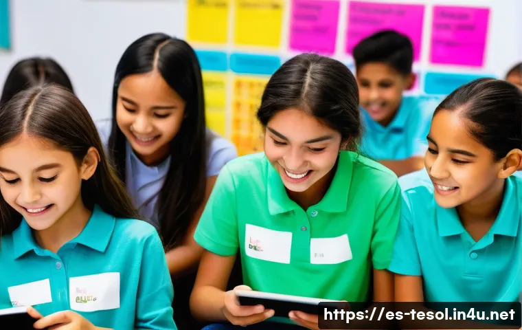 TESOL 강사가 추천하는 교육 자료 - A vibrant classroom scene in a modern Latin American school, featuring a diverse group of young Span...