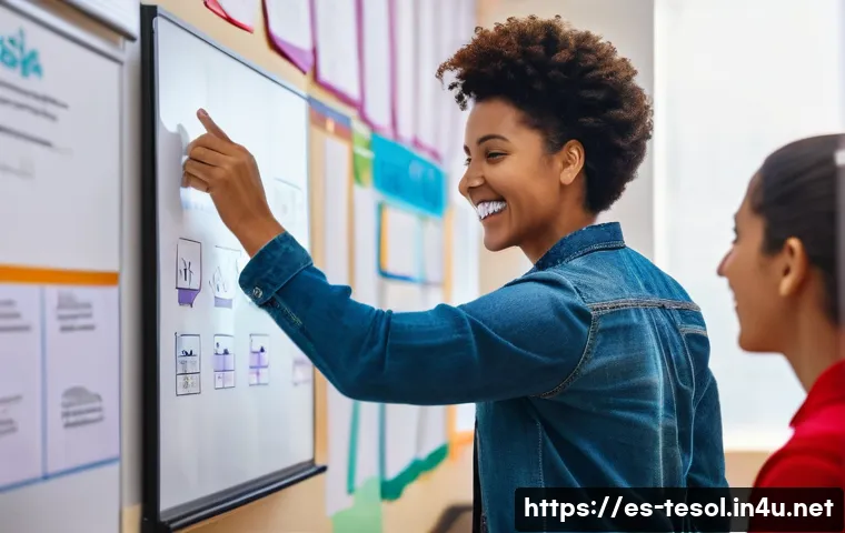 TESOL 수업 평가 방법 - A vibrant classroom scene in a modern Spanish-speaking school, showing diverse students actively par...