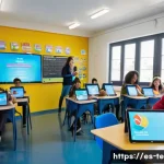 Home 22 TESOL 강사가 사용하는 최신 자료 - A vibrant classroom scene in a modern Spanish school where diverse young adult students engage activ...