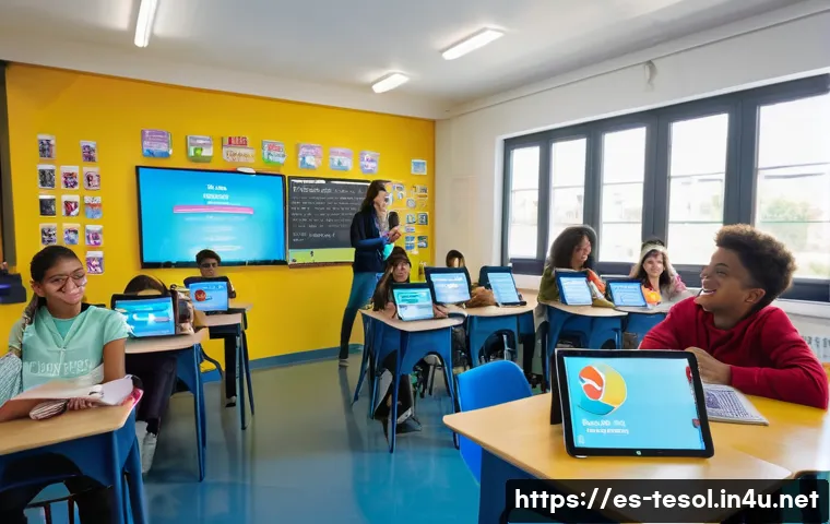 TESOL 강사가 사용하는 최신 자료 - A vibrant classroom scene in a modern Spanish school where diverse young adult students engage activ...