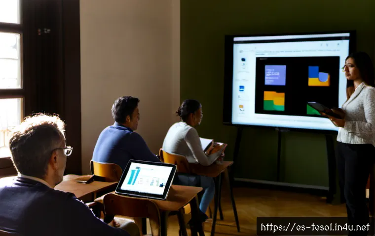 TESOL 강사가 알아야 할 최신 연구 - Photorealistic university TESOL workshop in a sunlit contemporary classroom in Madrid, a Spanish-spe...