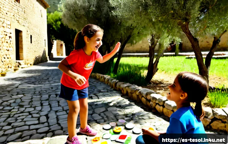 TESOL 자격증으로 영어 캠프 운영 - Photorealistic English summer camp in a sunny Spanish countryside courtyard, TESOL-qualified instruc...